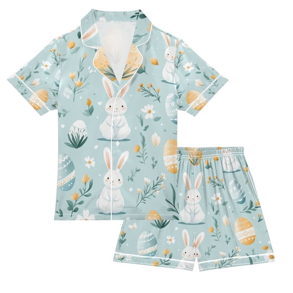 FORMRS Kids Satin Short Sleeve Pajama Set Unisex Top and Pants Soft 2-Piece Sleepwear, Sizes 7-8Y, Floral Easter