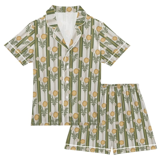FORMRS Kids Short Sleeve Top and Pants Pajama Set Unisex Satin 2-Piece Sleepwear, Sizes 7-8Y, Olive Green Flowers