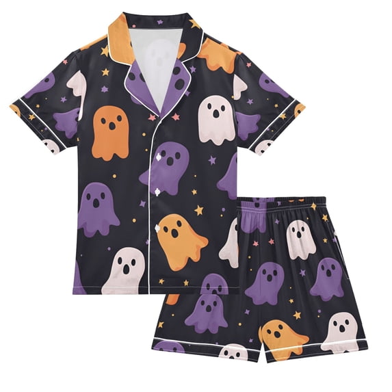 FORMRS Kids Short Sleeve Top and Pants Pajama Set Unisex Satin 2-Piece Sleepwear, Sizes 7-8Y, Orange Halloween Ghosts