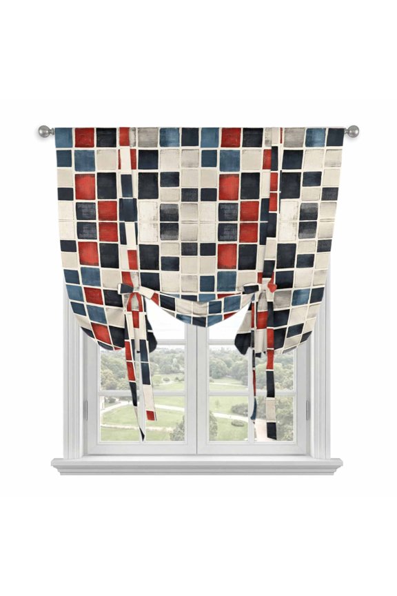 Abstract Color Block Tie Up Curtain for Window, Black White Red Geometric Art Deco Adjustable Tie Up Balloon Curtain Valances Rod Pocket Window Treatment for Kitchen Bathroom Bedroom 42"x45"