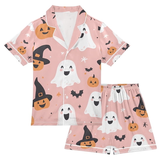 FORMRS Niños Short Sleeve Top and Pants Pajama Set Unisex Satin 2-Piece Sleepwear, Sizes 7-8Y, Pastel Pink Halloween
