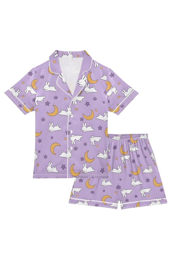 NiƱos Short Sleeve Top and Pants Pajama Set Unisex Satin 2-Piece Sleepwear, Sizes 7-8Y, Purple Cartoon Rabbit Pattern