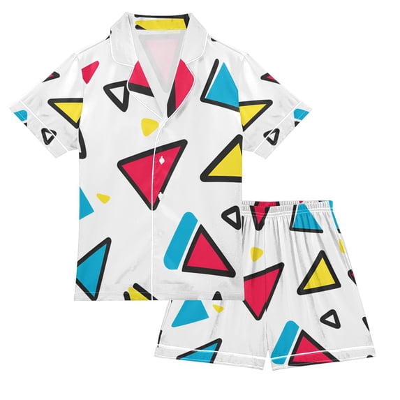 FORMRS Kids Short Sleeve Top and Pants Pajama Set Unisex Satin 2-Piece Sleepwear, Sizes 7-8Y, Red Triangles