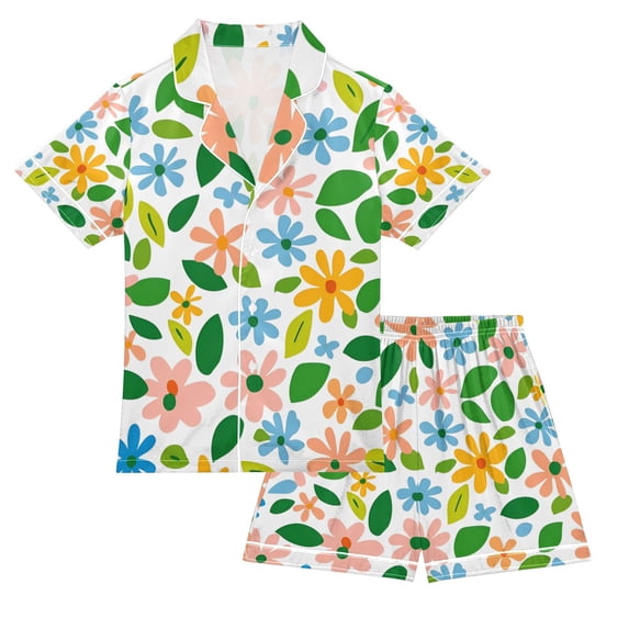 FORMRS Kids Satin Short Sleeve Pajama Set Unisex Top and Pants Soft 2-Piece Sleepwear, Sizes 7-8Y, Retro Blue Floral