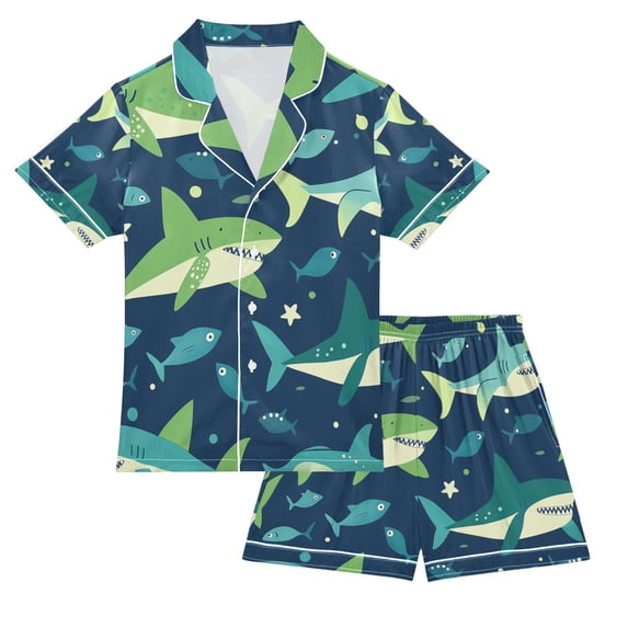 FORMRS Kids Short Sleeve Top and Pants Pajama Set Unisex Satin 2-Piece Sleepwear, Sizes 7-8Y, Sharks Pattern