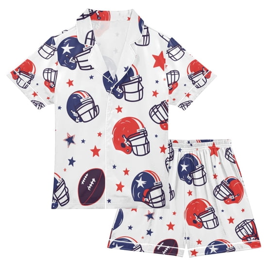 FORMRS Kids Short Sleeve Top and Pants Pajama Set Unisex Satin 2-Piece Sleepwear, Sizes 7-8Y, Star Spangled Helmets