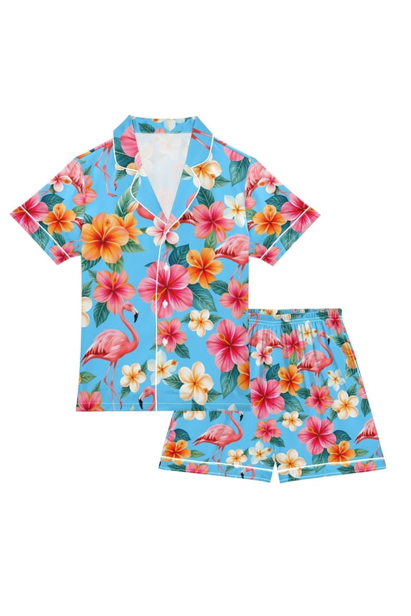 NiƱos Short Sleeve Top and Pants Pajama Set Unisex Satin 2-Piece Sleepwear, Sizes 7-8Y, Tropical Flamingo Pattern
