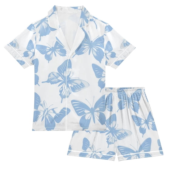 FORMRS Niños Short Sleeve Top and Pants Pajama Set Unisex Satin 2-Piece Sleepwear, Sizes 9-10Y, Blue Butterfly