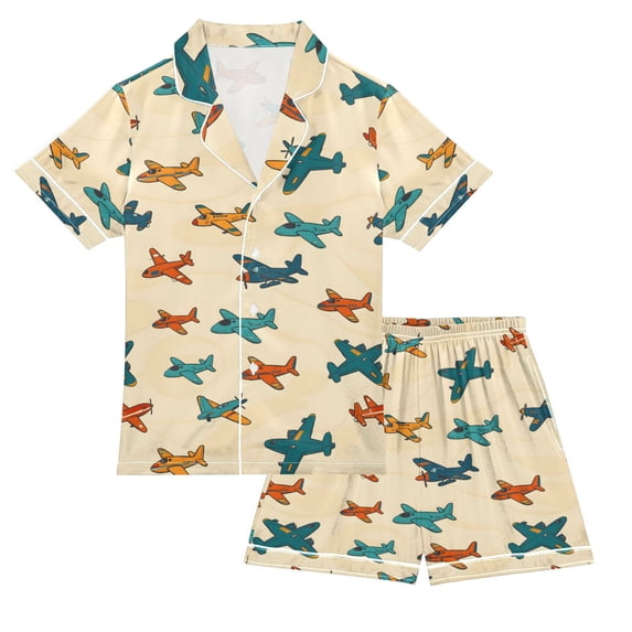 FORMRS Kids Satin Short Sleeve Pajama Set Unisex Top and Pants Soft 2-Piece Sleepwear, Sizes 9-10Y, Brown Cartoon Planes Pattern