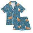thumbnail image 1 of FORMRS Kids Satin Short Sleeve Pajama Set Unisex Top and Pants Soft 2-Piece Sleepwear, Sizes 9-10Y, Capybaras Swimming, 1 of 8