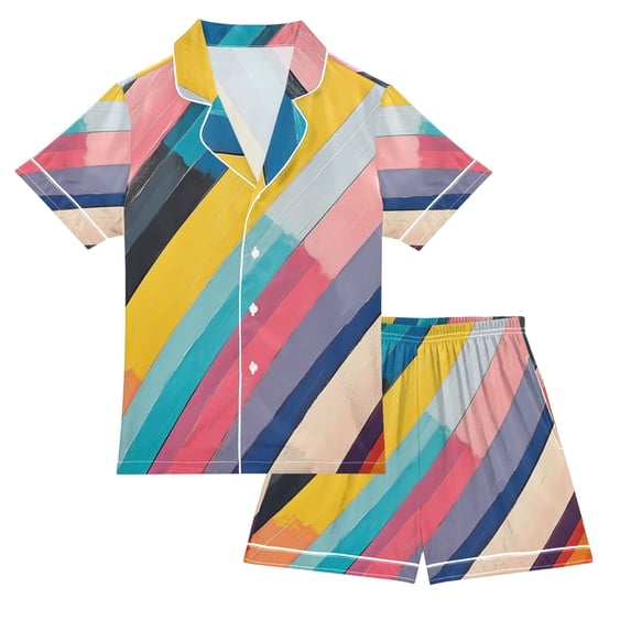 FORMRS Kids Short Sleeve Top and Pants Pajama Set Unisex Satin 2-Piece Sleepwear, Sizes 9-10Y, Color Striped