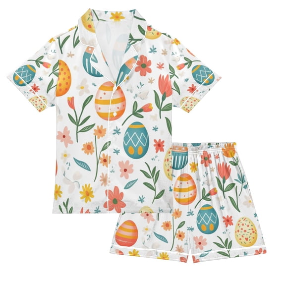 FORMRS Kids Short Sleeve Top and Pants Pajama Set Unisex Satin 2-Piece Sleepwear, Sizes 9-10Y, Floral Easter Eggs