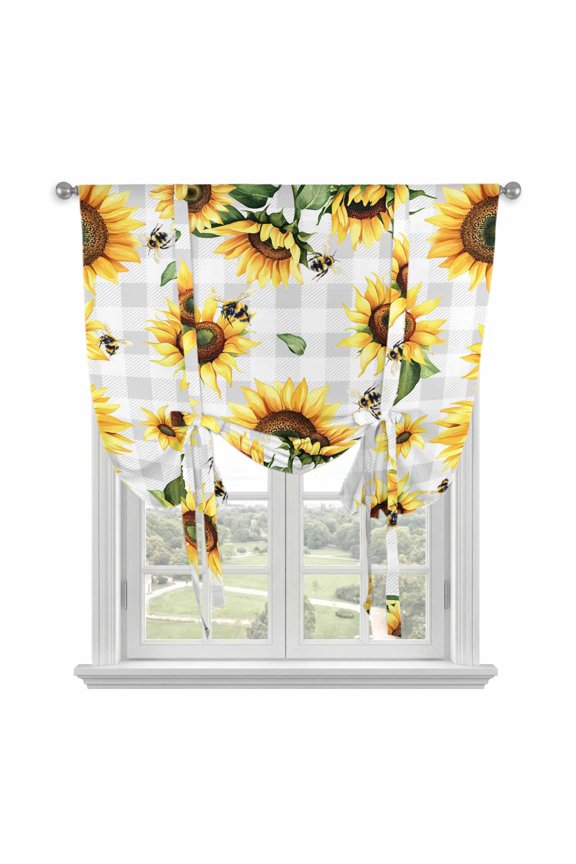 Sunflower Tie Up Curtain for Window, Watercolor Spring Yellow Sunflowers Floral Leaf Bees Grey Plaid Adjustable Tie Up Balloon Curtain Valances Window Treatment for Kitchen Bathroom 42"x54"