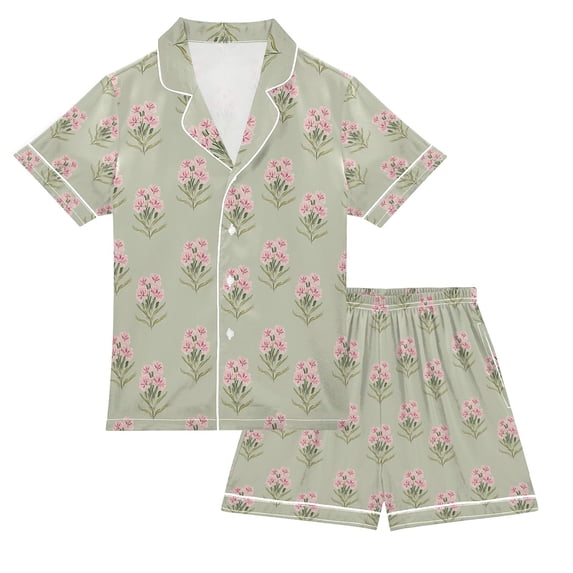 FORMRS Kids Short Sleeve Top and Pants Pajama Set Unisex Satin 2-Piece Sleepwear, Sizes 9-10Y, Green Wildflowers Pattern