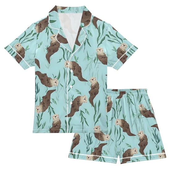 FORMRS Kids Short Sleeve Top and Pants Pajama Set Unisex Satin 2-Piece Sleepwear, Sizes 9-10Y, Swimming Otters Pattern