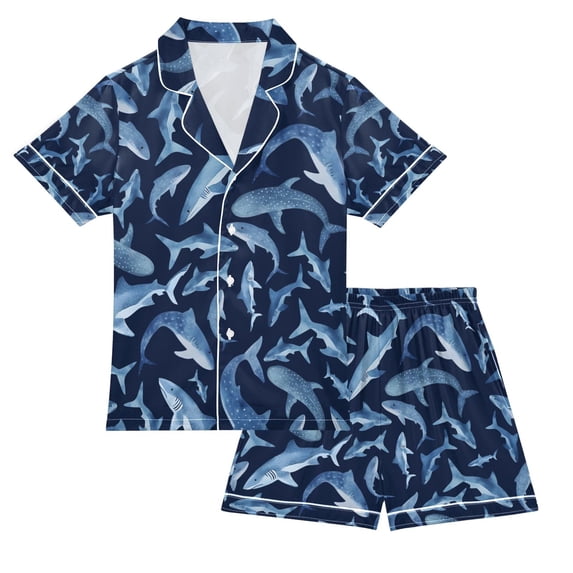 FORMRS Kids Short Sleeve Top and Pants Pajama Set Unisex Satin 2-Piece Sleepwear, Sizes 9-10Y, Watercolor Shark Pattern