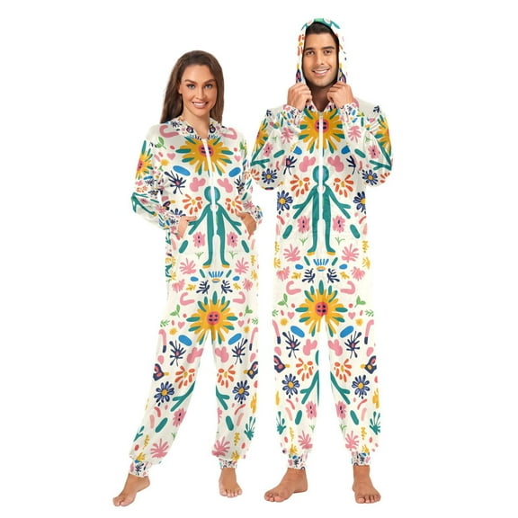 FORMRS Onesies Pajama for Adults Unisex Hoodie Winter Jumpsuit One Piece Sleepwear, Sizes S-2XL, Abstract Floral