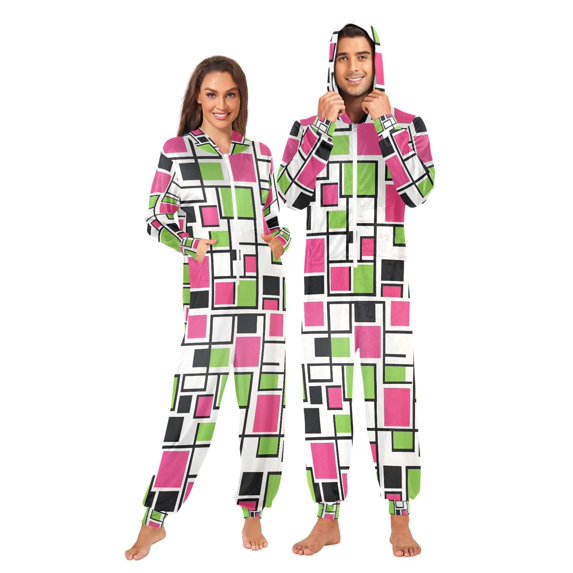 FORMRS Onesies Pajama for Adults Unisex Hoodie Winter Jumpsuit One Piece Sleepwear, Sizes S-2XL, Abstract Geometric