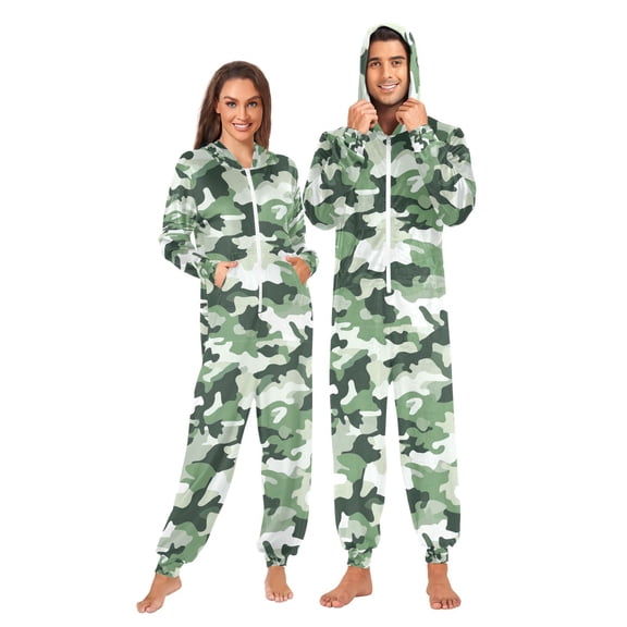 FORMRS Onesies Pajama for Adults Unisex Hoodie Winter Jumpsuit One Piece Sleepwear, Sizes S-2XL, Army Green Camouflage Pattern