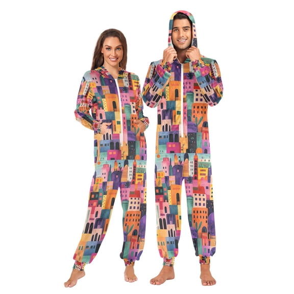 FORMRS Onesies Pajama for Adults Unisex Hoodie Winter Jumpsuit One Piece Sleepwear, Sizes S-2XL, Art Buildings