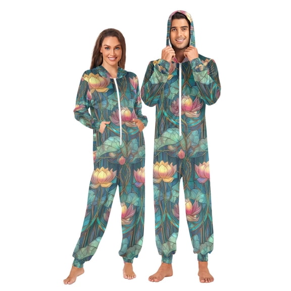 FORMRS Onesies Pajama for Adults Unisex Hoodie Winter Jumpsuit One Piece Sleepwear, Sizes S-2XL, Art Water Lilies Pattern