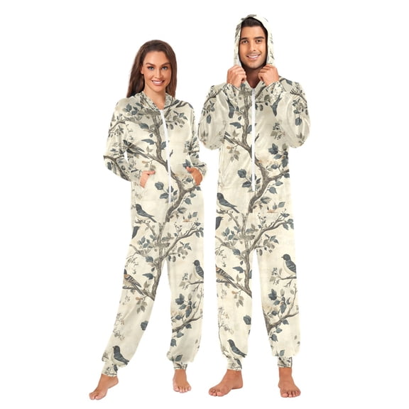 FORMRS Onesies Pajama for Adults Unisex Hoodie Winter Jumpsuit One Piece Sleepwear, Sizes S-2XL, Beige Birds