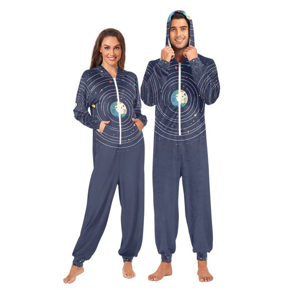 FORMRS Onesies Pajama for Adults Unisex Hoodie Winter Jumpsuit One Piece Sleepwear, Sizes S-2XL, Beige Cat Planet