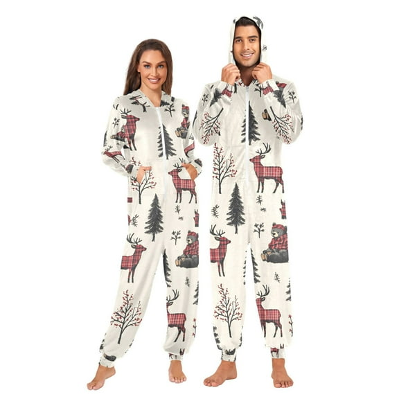 FORMRS Onesies Pajama for Adults Unisex Hoodie Winter Jumpsuit One Piece Sleepwear, Sizes S-2XL, Beige Christmas Plaid