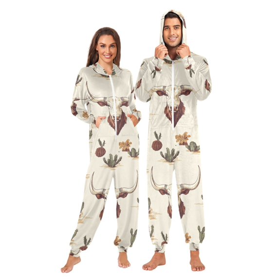 FORMRS Onesies Pajama for Adults Unisex Hoodie Winter Jumpsuit One Piece Sleepwear, Sizes S-2XL, Beige Cowboy Pattern