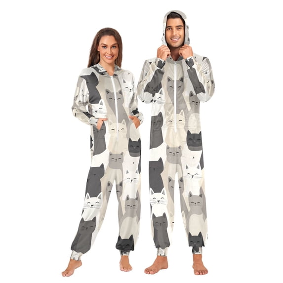 FORMRS Onesies Pajama for Adults Unisex Hoodie Winter Jumpsuit One Piece Sleepwear, Sizes S-2XL, Beige Cute Cats