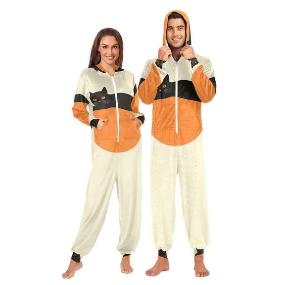 FORMRS Onesies Pajama for Adults Unisex Hoodie Winter Jumpsuit One Piece Sleepwear, Sizes S-2XL, Black Cat Orange Ball