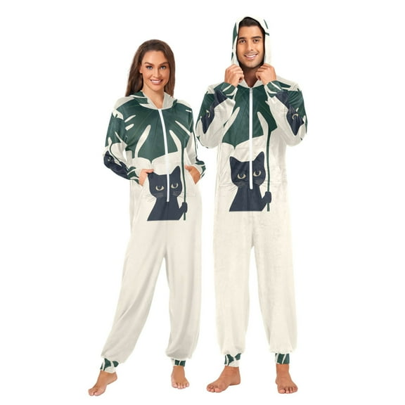 FORMRS Onesies Pajama for Adults Unisex Hoodie Winter Jumpsuit One Piece Sleepwear, Sizes S-2XL, Black Cat Plants