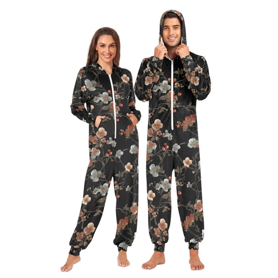 FORMRS Onesies Pajama for Adults Unisex Hoodie Winter Jumpsuit One Piece Sleepwear, Sizes S-2XL, Black Flowers