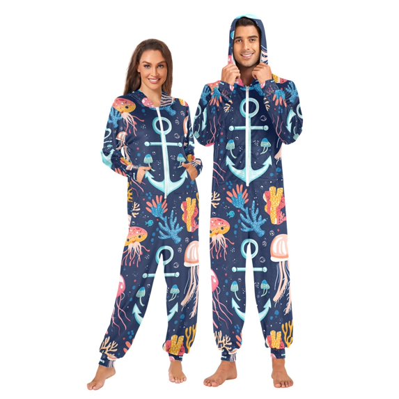 FORMRS Onesies Pajama for Adults Unisex Hoodie Winter Jumpsuit One Piece Sleepwear, Sizes S-2XL, Blue Anchor