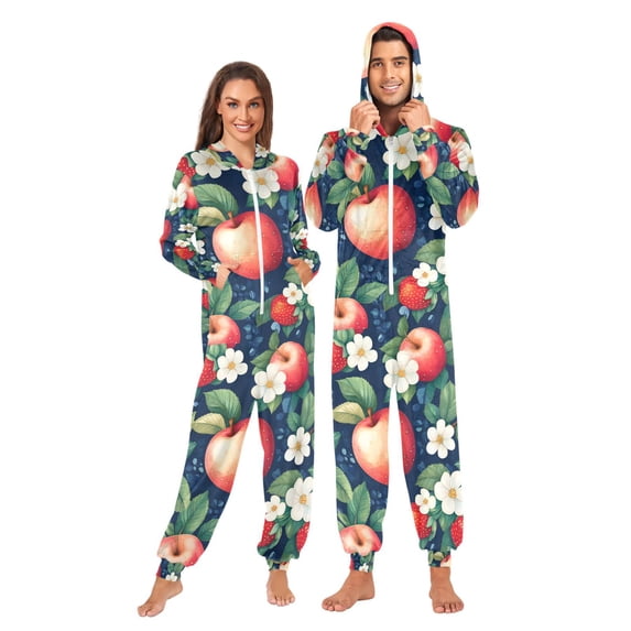 FORMRS Onesies Pajama for Adults Unisex Hoodie Winter Jumpsuit One Piece Sleepwear, Sizes S-2XL, Blue Apple Pattern