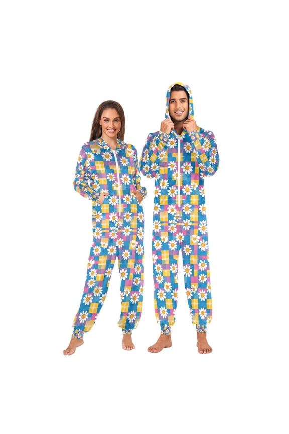 Onesies Pajama for Adults Unisex Hoodie Winter Jumpsuit One Piece Sleepwear, Sizes S-2XL, Blue Checkered Daisy