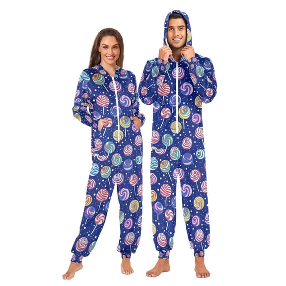 FORMRS Onesies Pajama for Adults Unisex Hoodie Winter Jumpsuit One Piece Sleepwear, Sizes S-2XL, Blue Colorful Candies
