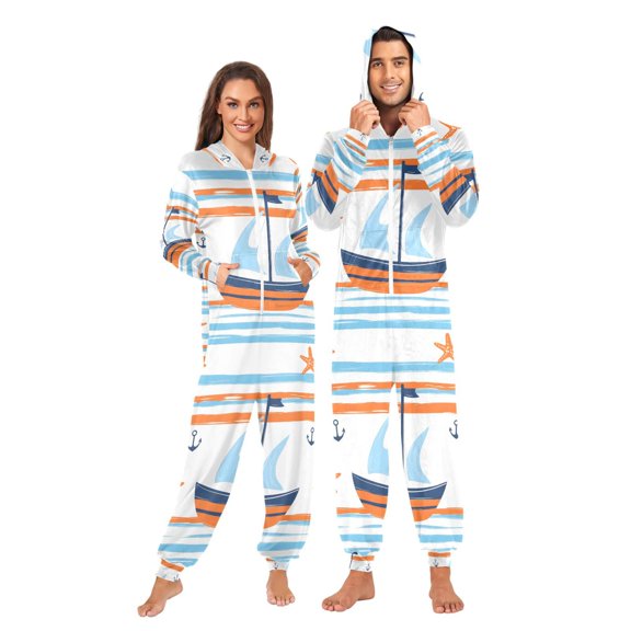 FORMRS Onesies Pajama for Adults Unisex Hoodie Winter Jumpsuit One Piece Sleepwear, Sizes S-2XL, Blue Nautical Pattern