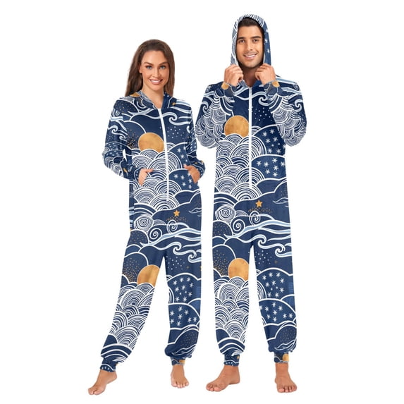 FORMRS Onesies Pajama for Adults Unisex Hoodie Winter Jumpsuit One Piece Sleepwear, Sizes S-2XL, Blue Night Sky