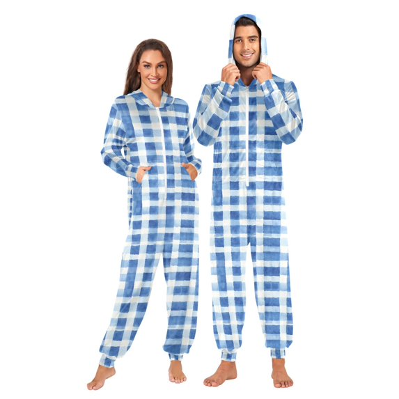 FORMRS Onesies Pajama for Adults Unisex Hoodie Winter Jumpsuit One Piece Sleepwear, Sizes S-2XL, Blue Plain