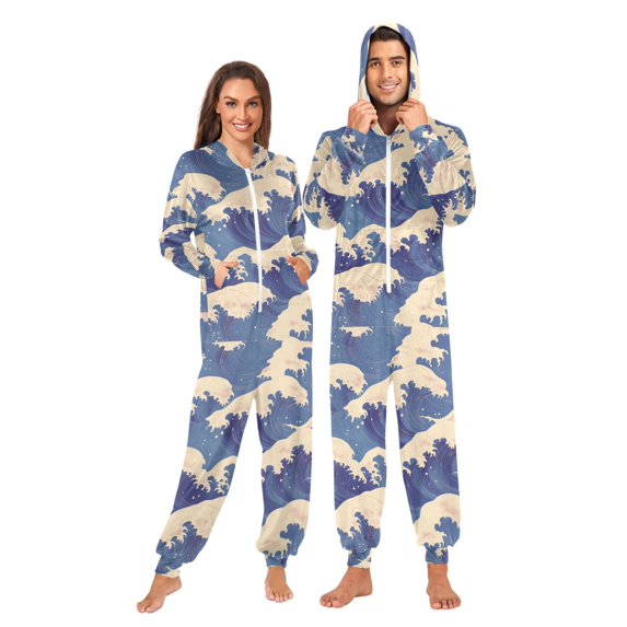 FORMRS Onesies Pajama for Adults Unisex Hoodie Winter Jumpsuit One Piece Sleepwear, Sizes S-2XL, Blue Wave Pattern