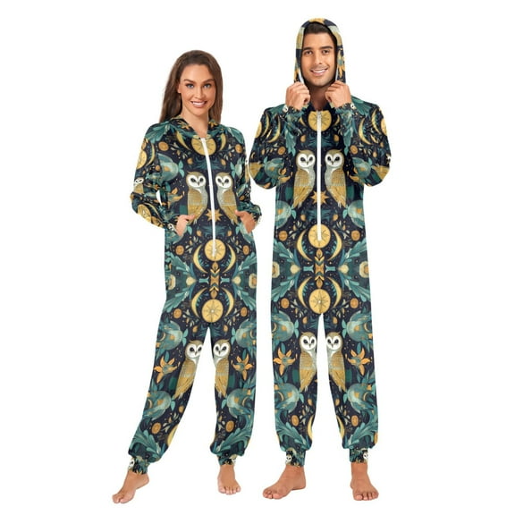 FORMRS Onesies Pajama for Adults Unisex Hoodie Winter Jumpsuit One Piece Sleepwear, Sizes S-2XL, Brown Mystical Owls