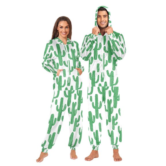 FORMRS Onesies Pajama for Adults Unisex Hoodie Winter Jumpsuit One Piece Sleepwear, Sizes S-2XL, Cactus Pattern