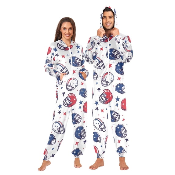 FORMRS Onesies Pajama for Adults Unisex Hoodie Winter Jumpsuit One Piece Sleepwear, Sizes S-2XL, Cartoon American Football Helmets