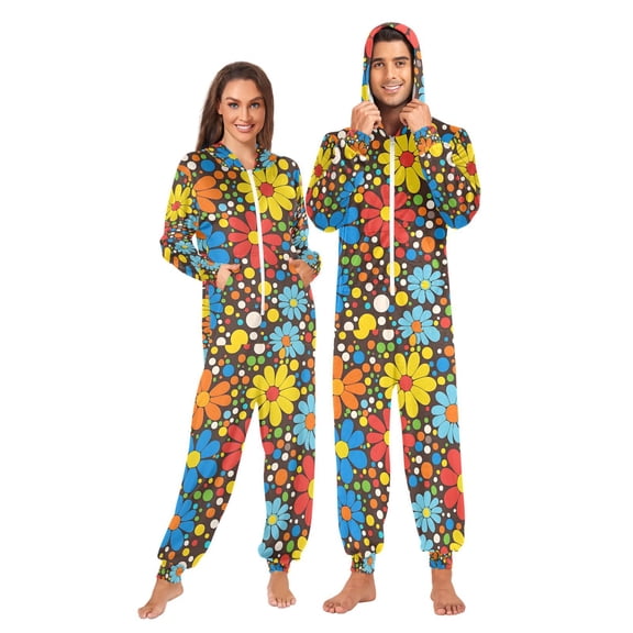 FORMRS Onesies Pajama for Adults Unisex Hoodie Winter Jumpsuit One Piece Sleepwear, Sizes S-2XL, Cartoon Flowers