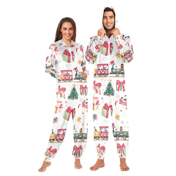 FORMRS Onesies Pajama for Adults Unisex Hoodie Winter Jumpsuit One Piece Sleepwear, Sizes S-2XL, Christmas Penguin
