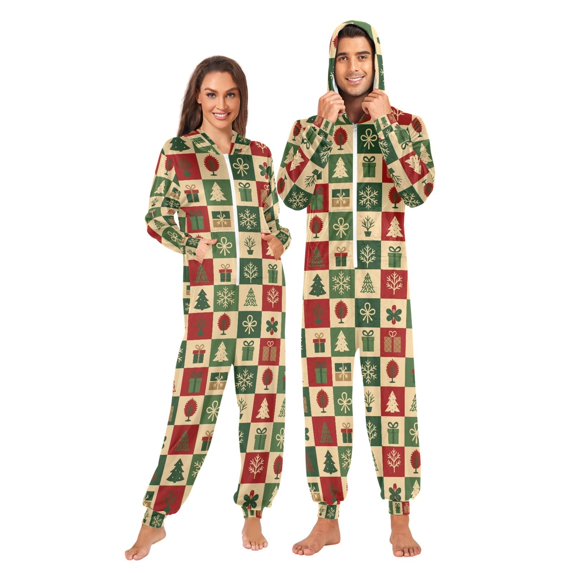 FORMRS Onesies Pajama for Adults Unisex Hoodie Winter Jumpsuit One Piece Sleepwear, Sizes S-2XL, Christmas Plaid Pattern