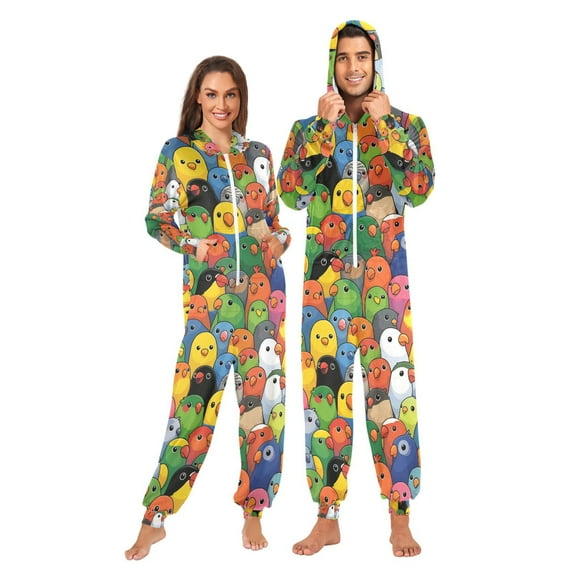 FORMRS Onesies Pajama for Adults Unisex Hoodie Winter Jumpsuit One Piece Sleepwear, Sizes S-2XL, Colorful Birds Pattern