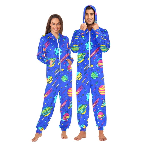 FORMRS Onesies Pajama for Adults Unisex Hoodie Winter Jumpsuit One Piece Sleepwear, Sizes S-2XL, Colorful Cartoon Planets