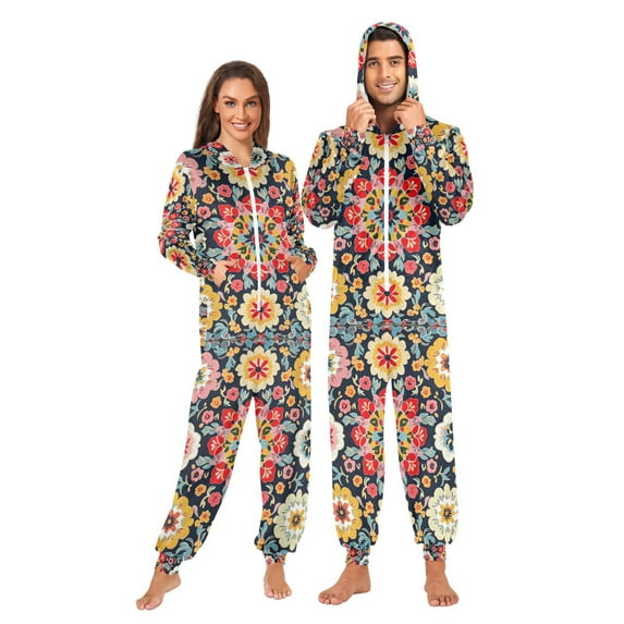 FORMRS Onesies Pajama for Adults Unisex Hoodie Winter Jumpsuit One Piece Sleepwear, Sizes S-2XL, Colorful Floral Pattern